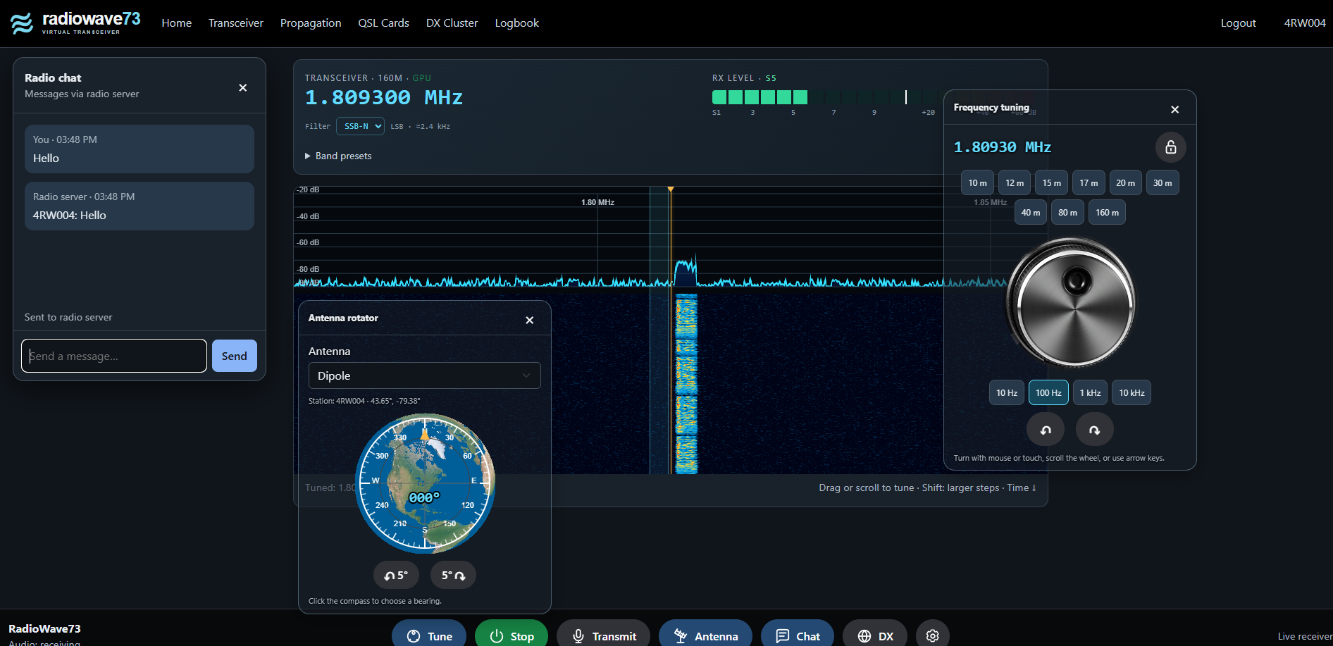 Actual Radio73 transceiver showing the spectrum, waterfall, tuning dial, antenna globe, and radio chat